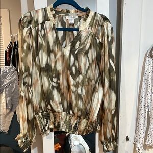 Rachel Zoe Green and Tan Pleated Blouse with Mandarin Collar